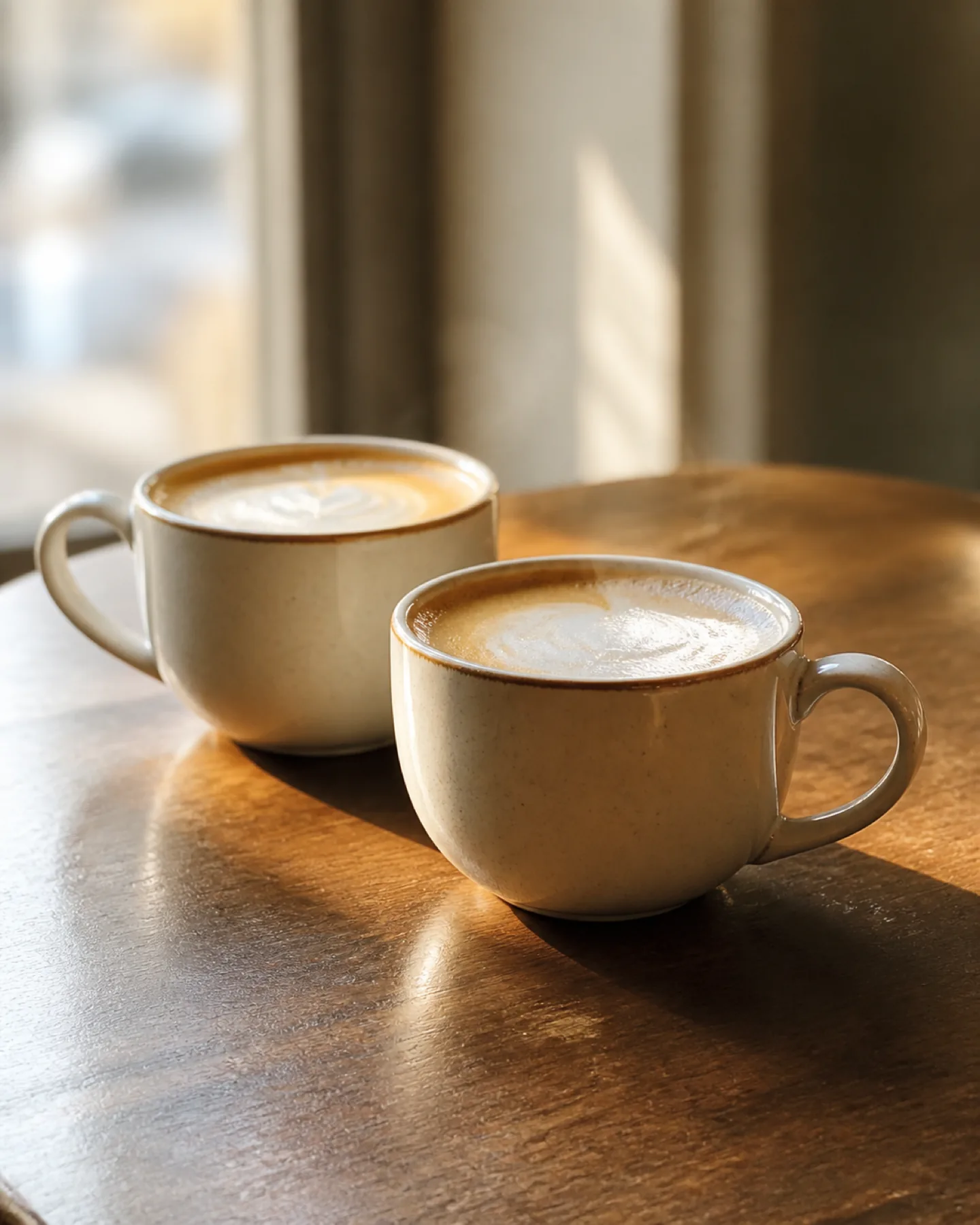 Two lattes in matching luxury coffee-shop mugs